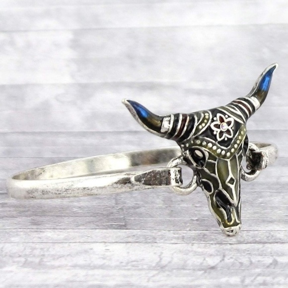 2/$20-Crystal & Flower Accented Gold Steer Bangle - Picture 2 of 2